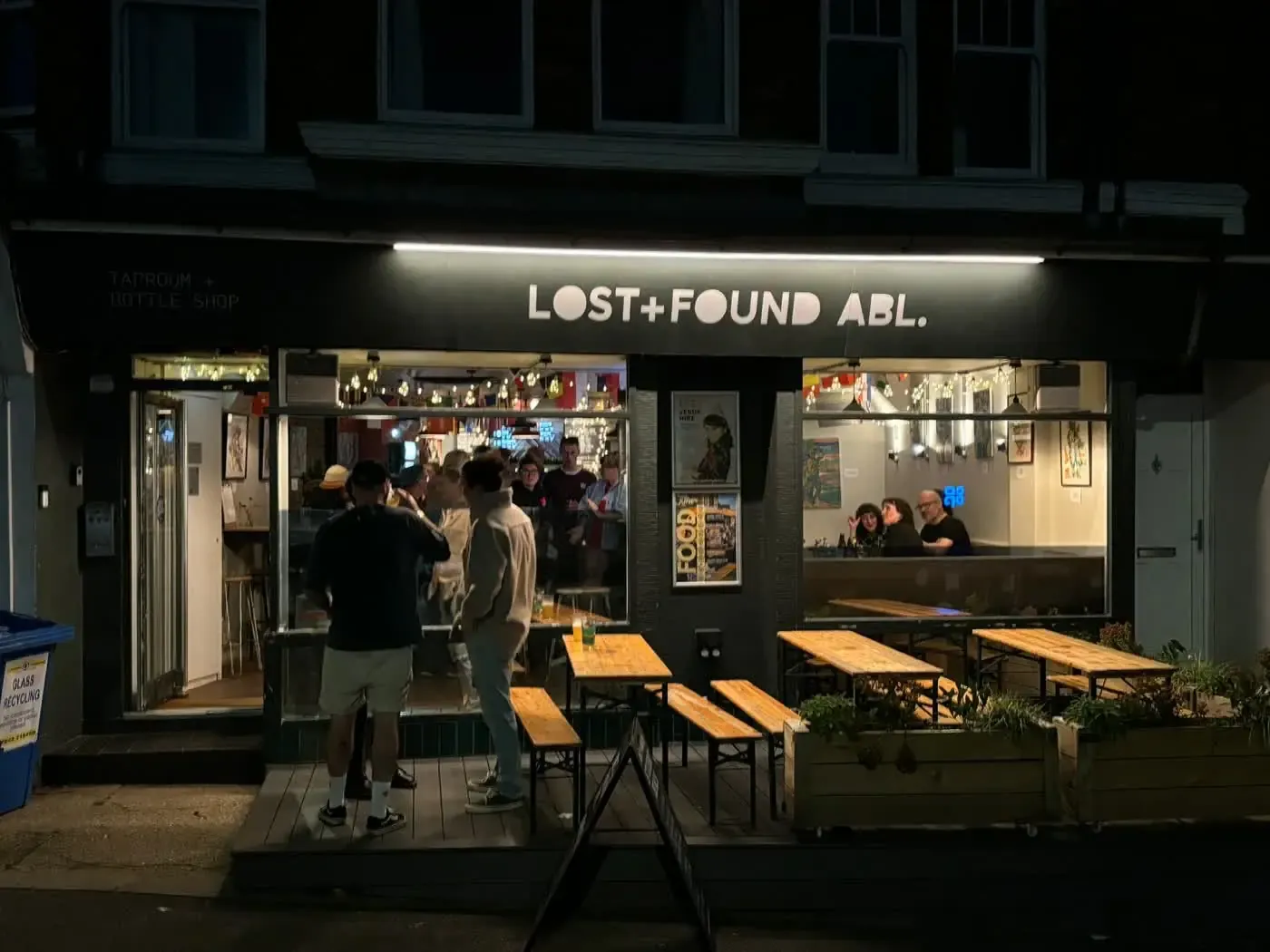Lost and Found taproom exterior at night